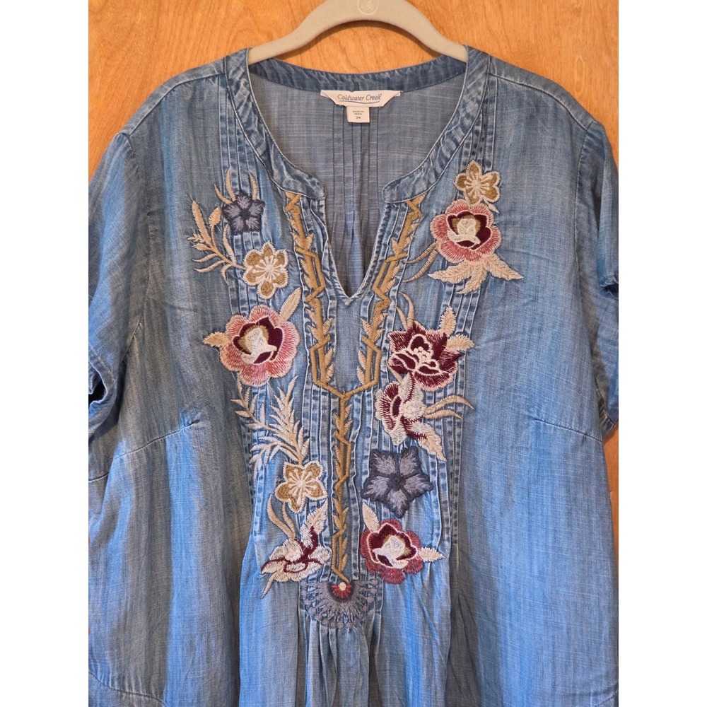 Coldwater Creek Embroidered Tencel Boho Shift Dress Blue Floral Plus 2X Pocket - Picture 2 of 9